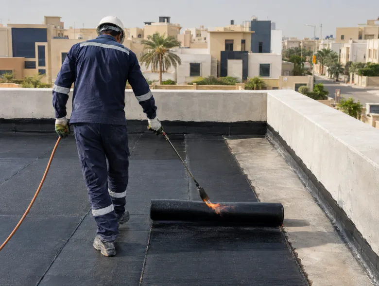 عامل يلصق لفافة بيتومين سوداء باللهب على سطح خرساني