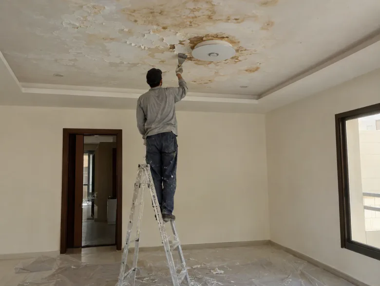 عامل على سلّم يكشط دهاناً متقشراً من سقف حمام متأثر بالماء