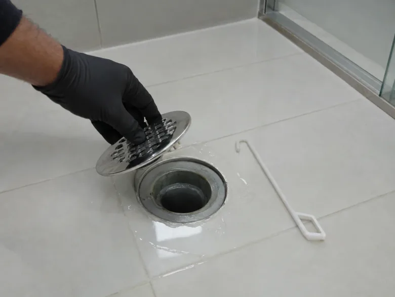غطاء بالوعة دش مرفوع على أرضية مبلّطة وبجانبه خطاف تسليك