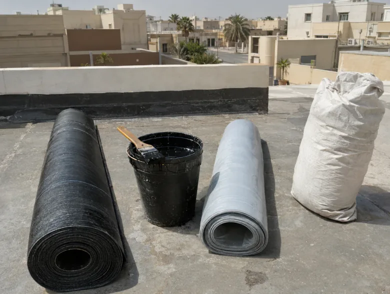 لفة غشاء بيتومين ودلو بيتومين ولفة غشاء بلاستيكي وكيس مادة إسمنتية على سطح