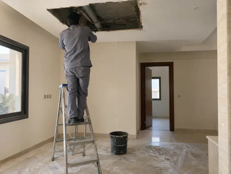 فتحة في السقف فوق دلو وغطاء حماية أثناء إصلاح تسرب