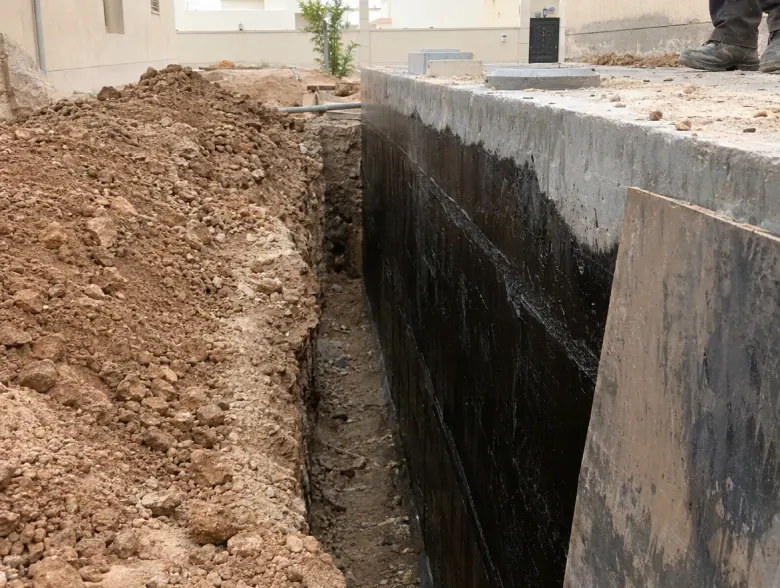 الجدار الخارجي لخزان مدفون مطلي بالبيتومين الأسود داخل حفرة