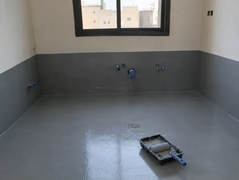 أرضية مطبخ وقاعدة جدار الحوض مطليتان بعزل رمادي قبل التركيبات