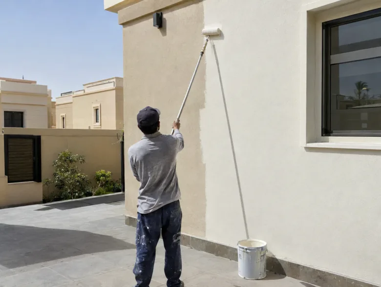 عامل يطلي جدار فيلا مشمساً بدهان فاتح بأسطوانة طويلة