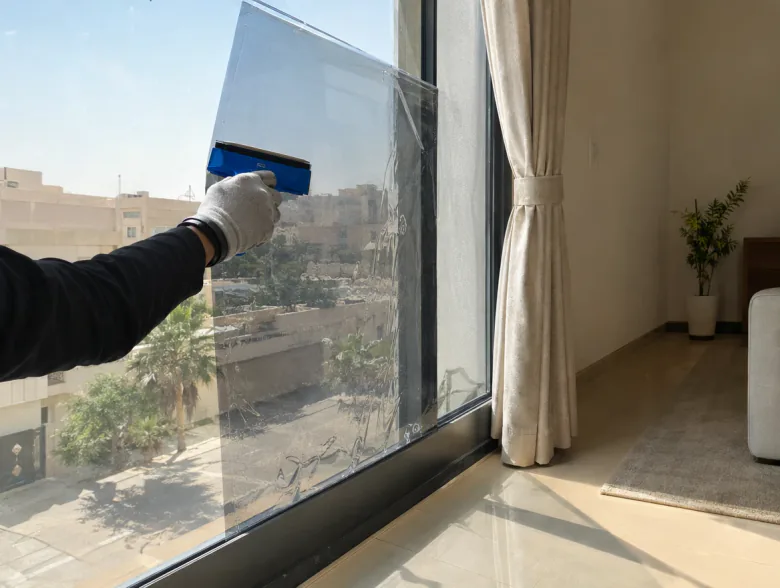 غشاء عاكس للحرارة يُلصق على نافذة مشمسة بمسّاحة